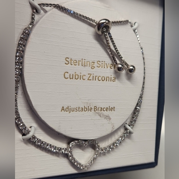 NIB CZ Sterling Silver Adjustable Heart Bracelet - Picture 3 of 5